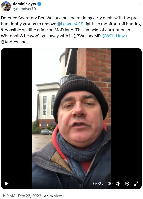 Dominic Dyer Ministry of Defence tweet on the League Against Cruel Sports